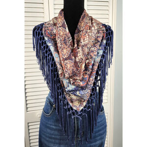 One World Chiffon Scarf Blue Fringe Trim Artisan accessory